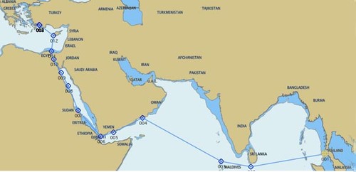 The planned route, but the yachts have only reached India or the Maldives and are stranded because of newly dangerous Indian Ocean © SW